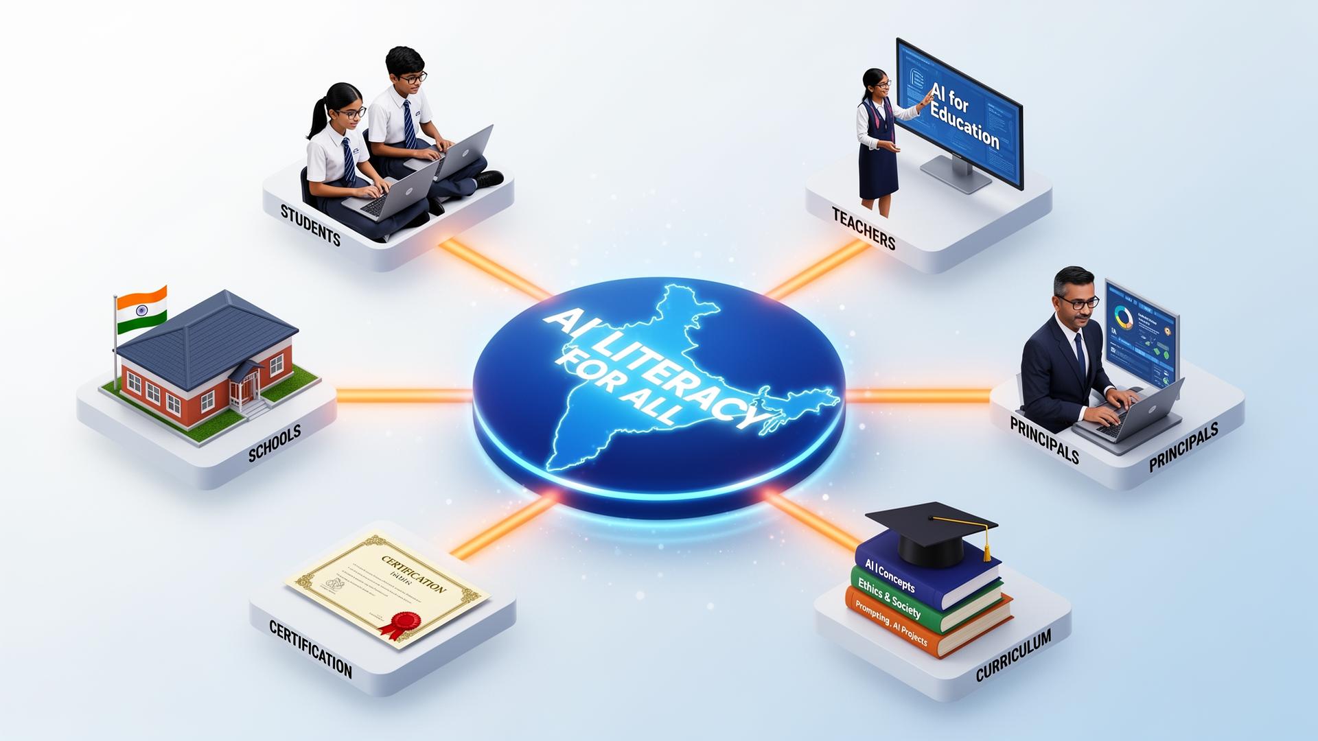 Isometric illustration of India's AI Literacy ecosystem - students, teachers, principals, schools, certification and curriculum connected around a glowing AI Literacy for All hub