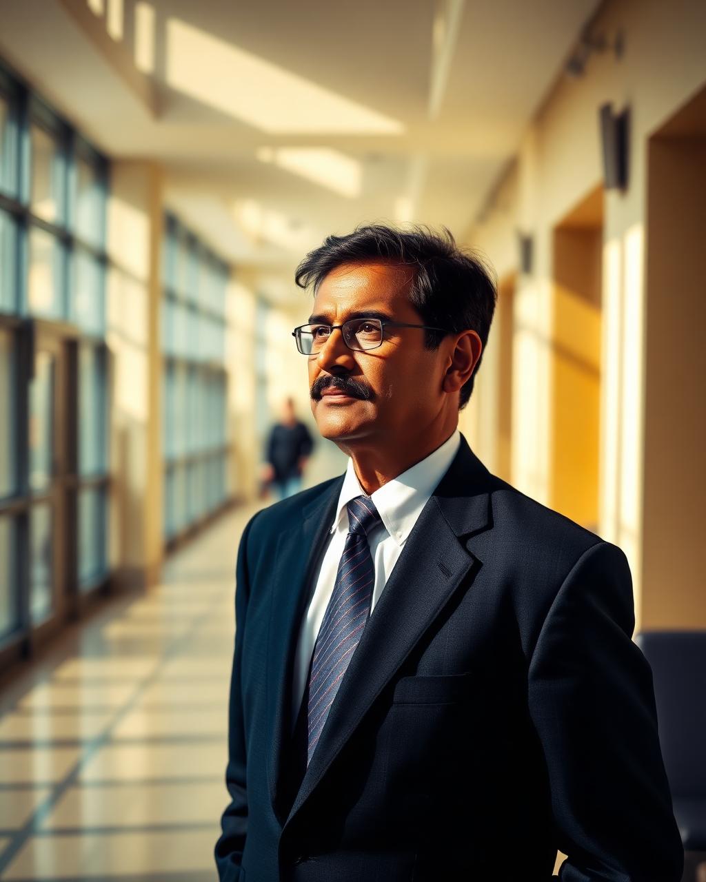 School principal in a modern Indian school corridor